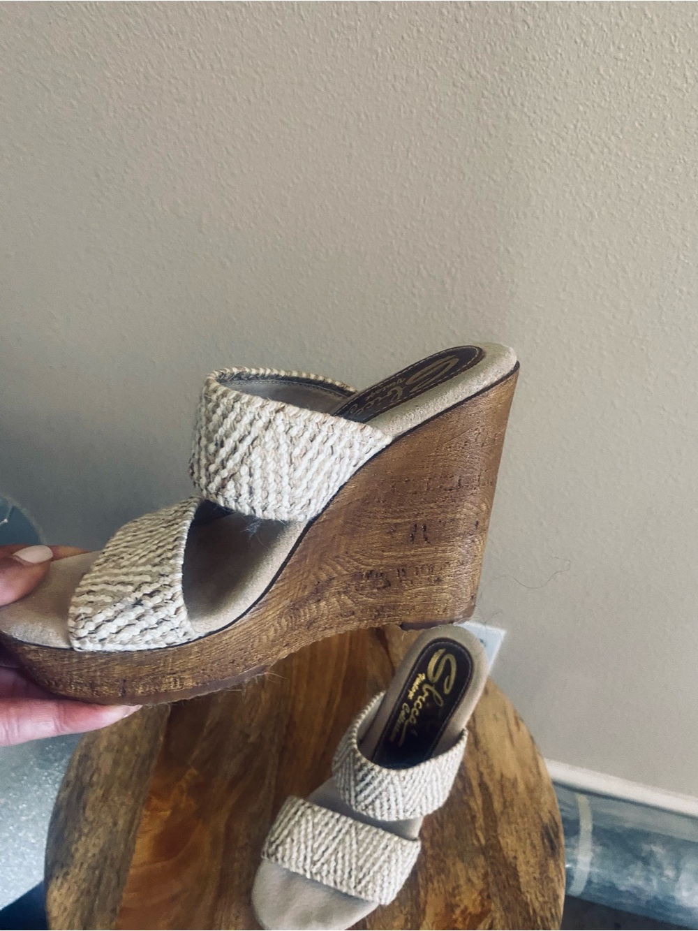 Sbicca Cream Woven Wedge Sandals
